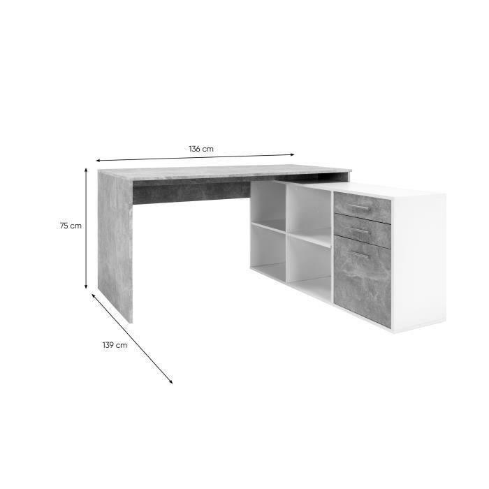 Bureau d'angle London - Panneaux de particules - Décor béton structuré, blanc - 136 x 75 x 139 cm AUCUNE