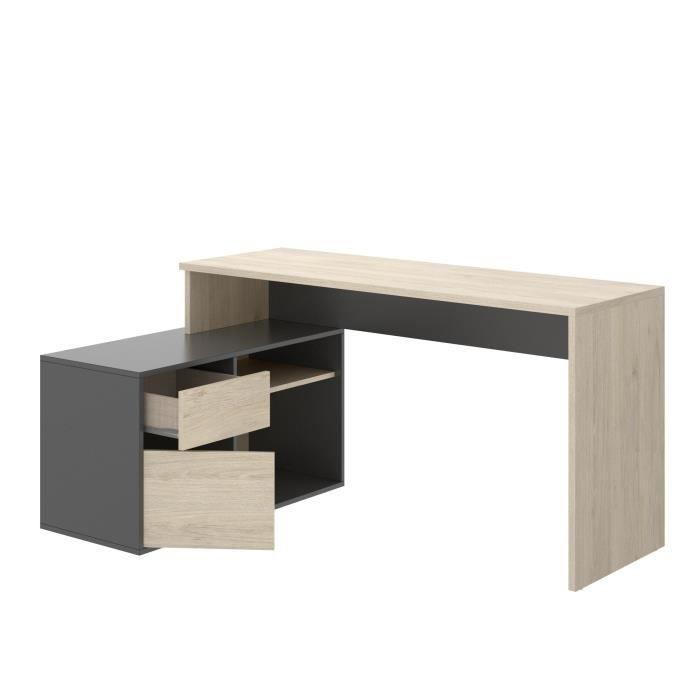 Bureau d'angle reversible 1 tiroir + 1 porte - Décor chene et gris - L 139 x P 92  x H 75 cm - ROX AUCUNE