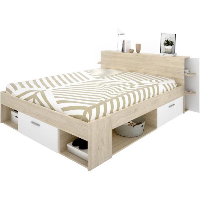 SAX Lit adulte - 140x190 cm - 3 tiroirs + Tete de lit avec rangement - Décor chene et blanc AUCUNE