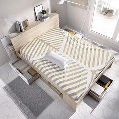 SAX Lit adulte - 140x190 cm - 3 tiroirs + Tete de lit avec rangement - Décor chene et blanc AUCUNE