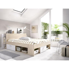 SAX Lit adulte - 140x190 cm - 3 tiroirs + Tete de lit avec rangement - Décor chene et blanc AUCUNE