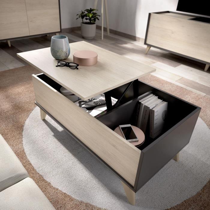 Ensemble meuble TV table basse buffet NESS - Mélaminé - Style scandinave - Chene naturel et graphite AUCUNE