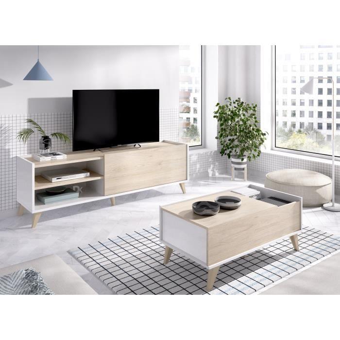 Ensemble salon NESS : Meuble TV + Table basse relevable - Mélaminé - Décor chene clair et blanc AUCUNE