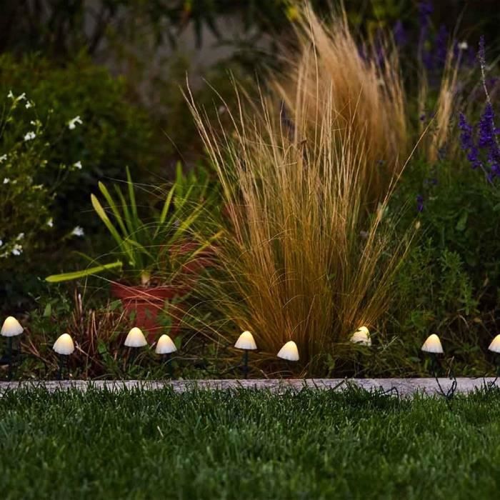 10 mini - champignons lumineux solaires a piquer - LUMISKY - CHAMPY - 3.8 m - Balisage allée - LED blanc chaud - Paloma Tech