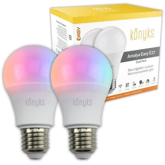 2 Ampoules LED - KONYKS - Antalya Easy E27 Dual Pack - Wifi + Bt - 11 W - Couleurs + Blanc - Compatible Alexa / Google