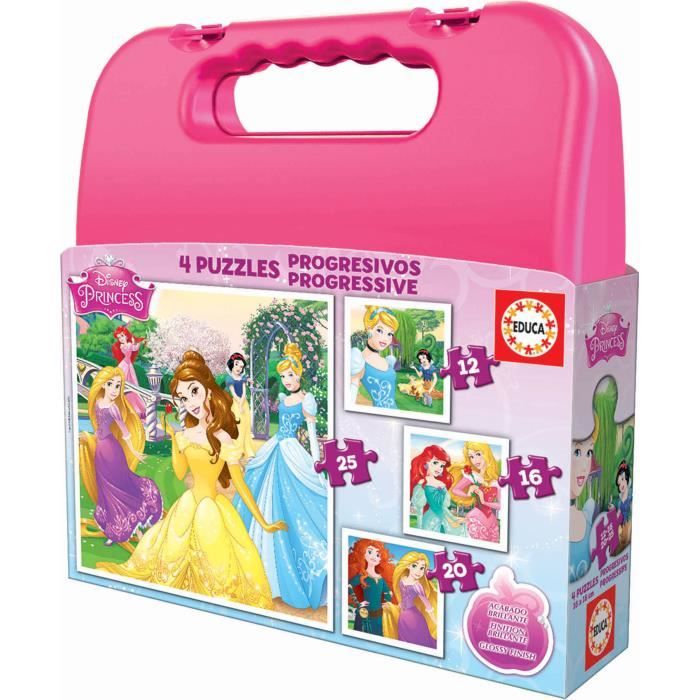 4 puzzles progressifs - EDUCA - Malette Puzzles Progressifs Disney Princess (12-16-20-25)