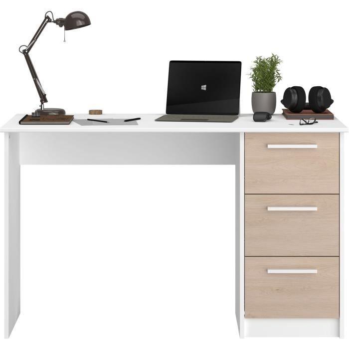 Bureau ESSENTIEL PARISOT 3 tiroirs - Décor chene et blanc - L 121,2 x P 55 x H 74,5 cm - Fabriqué en France PARISOT