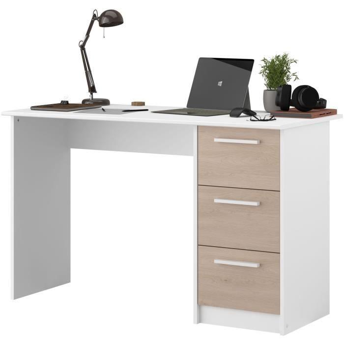 Bureau ESSENTIEL PARISOT 3 tiroirs - Décor chene et blanc - L 121,2 x P 55 x H 74,5 cm - Fabriqué en France PARISOT