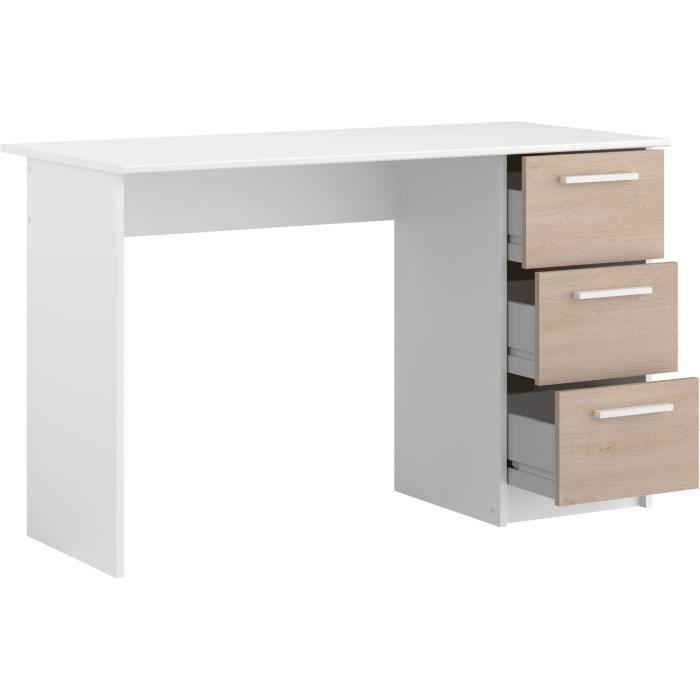 Bureau ESSENTIEL PARISOT 3 tiroirs - Décor chene et blanc - L 121,2 x P 55 x H 74,5 cm - Fabriqué en France PARISOT