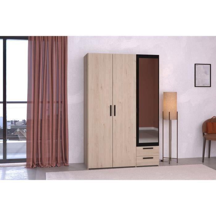 Armoire - Panneau de particules - Décor chene et noir - 3 portes droites - Essentiel - Chambre - 120.3x185x51.7 cm PARISOT