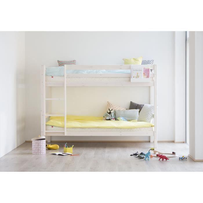 Lits superposés enfant - 2 x 90 x 200 cm - Pin massif blanchi - Sommiers inclus - HIT FLEXA