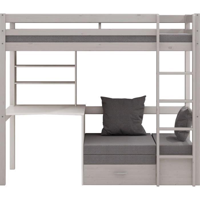 Lit mezzanine combiné - Bois massif - Blanc - Sommier inclus - 90x 200 cm AUCUNE