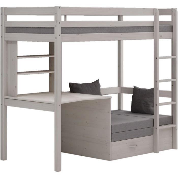 Lit mezzanine combiné - Bois massif - Blanc - Sommier inclus - 90x 200 cm AUCUNE