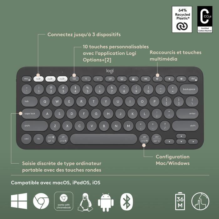 LOGITECH - Clavier sans fil - Pebble Keys 2 K380s - Bluetooth - Bouton Easy-Switch - Graphite - (920-011803) LOGITECH