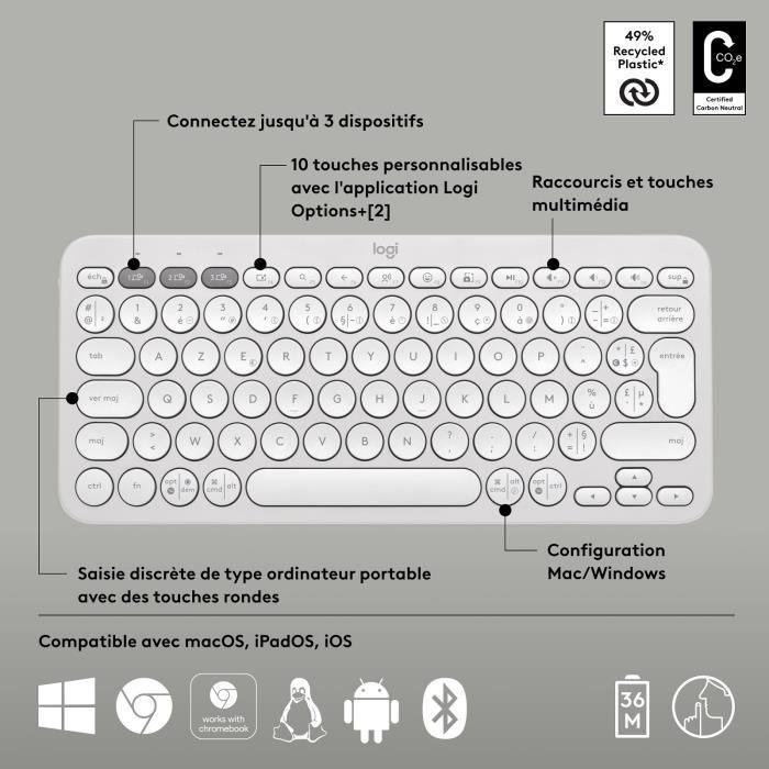 LOGITECH - Clavier sans fil - Pebble Keys 2 K380s - Bluetooth - Bouton Easy-Switch - Blanc - (920-011804) LOGITECH