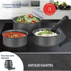 Batterie de cuisine ARTHUR MARTIN AM777GM Set de 3 casseroles - Gris Mat 16-18-20 cm + 1 poignée amovible - Tous feux dont ARTHUR MARTIN