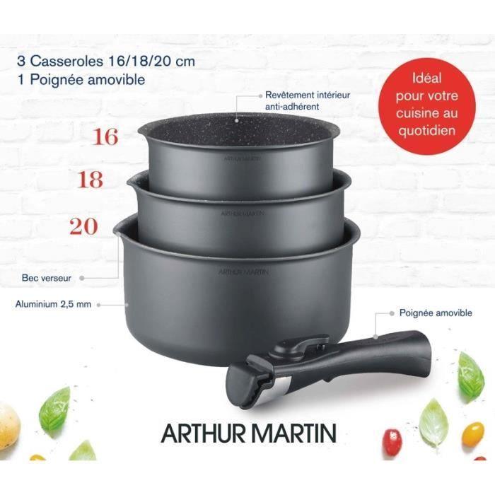 Batterie de cuisine ARTHUR MARTIN AM777GM Set de 3 casseroles - Gris Mat 16-18-20 cm + 1 poignée amovible - Tous feux dont ARTHUR MARTIN