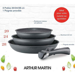 Batterie de cuisine ARTHUR MARTIN AM521GM Set de 3 poeles - Gris Mat 20-24-28 cm + 1 poignée amovible - Tous feux dont induction ARTHUR MARTIN