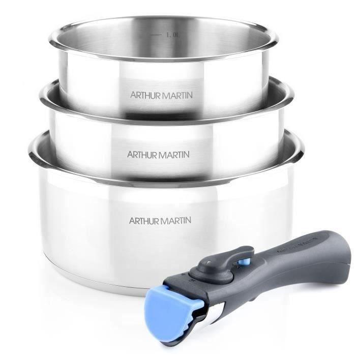 Set de 3 casseroles 16-18-20 cm Arthur Martin AM3710  - Acier Inoxydable - Poignée amovible - Tous feux dont induction ARTHUR MARTIN