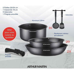 Batterie de cuisine - Tous feux dont induction - Arthur Martin - AM9582 - Aluminium - Anti-adhésif - 6 pieces - Poignée amovible ARTHUR MARTIN