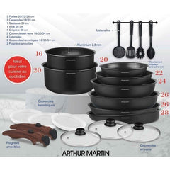 Batterie de cuisine - Tous feux dont induction - Arthur Martin - AM0530 - Aluminium - Anti-adhésif - 20 pieces - Poignée amovible ARTHUR MARTIN