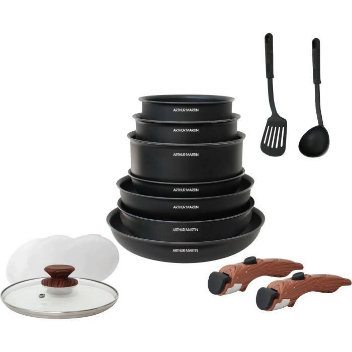 Arthur Martin AM1502 Batterie de cuisine 15 pieces - poignée amovible effet bois - tous feux dont induction ARTHUR MARTIN