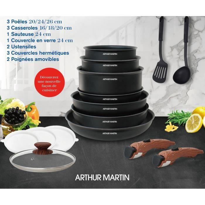 Arthur Martin AM1502 Batterie de cuisine 15 pieces - poignée amovible effet bois - tous feux dont induction ARTHUR MARTIN