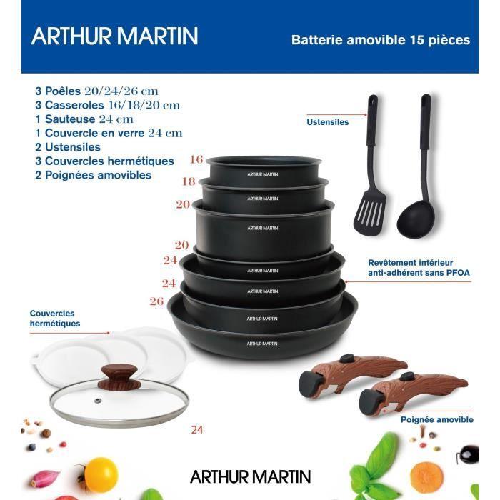 Arthur Martin AM1502 Batterie de cuisine 15 pieces - poignée amovible effet bois - tous feux dont induction ARTHUR MARTIN