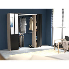Dressing ARTIC avec rideau - EKIPA - Décor Chene et noir - 1 colonne + 1 armoire + 2 penderies + 2 tiroirs EKIPA