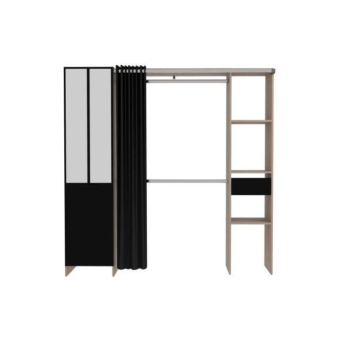 Dressing ARTIC avec rideau - EKIPA - Décor Chene et noir - 1 colonne + 1 armoire + 2 penderies + 2 tiroirs EKIPA