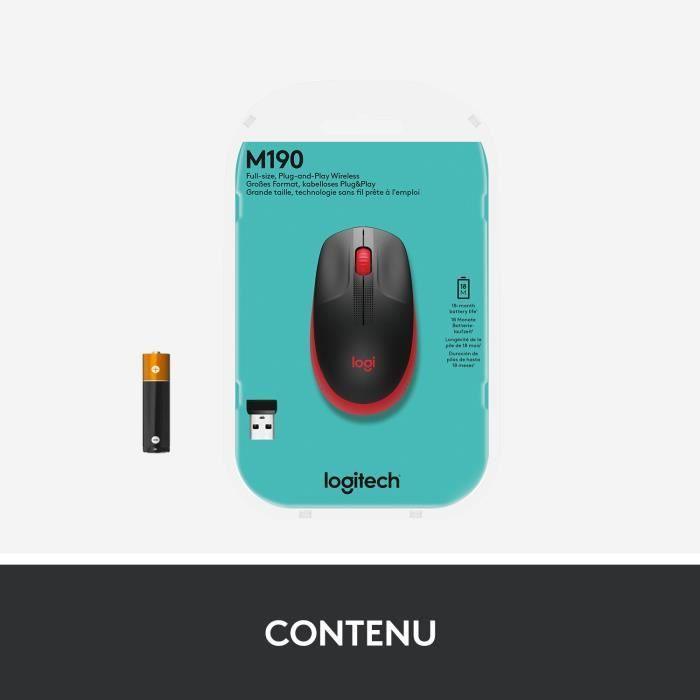 Souris sans fil - Logitech - M190 - ergonomique - Rouge LOGITECH