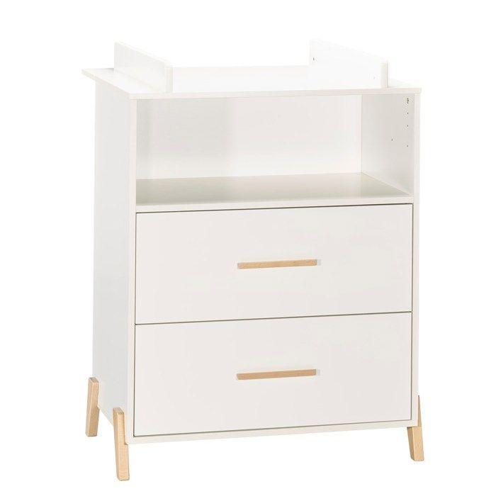 Commode a langer - Babyprice - Joy Naturel - 2 tiroirs - 1 niche - Blanc - Sur pieds en bois naturel BABY PRICE