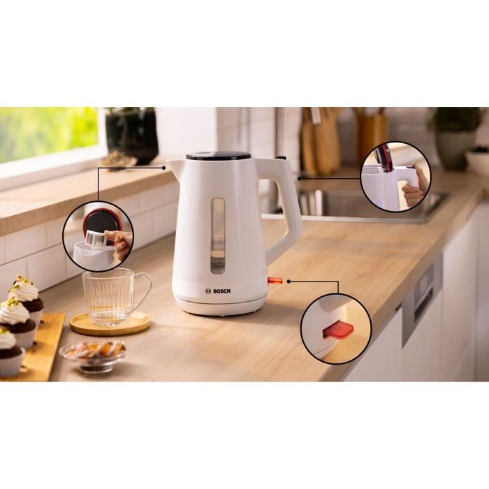 Bouilloire - BOSCH -  TWK1M121 MyMoment - Blanche - capacité 1,7L - base 360° - rangement du cordon -3 sécurités automatiques - Paloma Tech