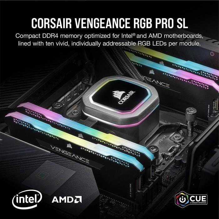 Mémoire RAM - CORSAIR - Vengeance RGB Pro SL DDR4 - 16GB 2x8GB DIMM - 3200 MHz  - 1.35V - Noir (CMH16GX4M2E3200C) CORSAIR