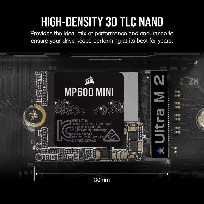 SSD interne - CORSAIR - MP600 Mini 1 to M.2 2230 NVMe PCIe x4 Gen4 2 SSD - Jusqu'a 4 800 Mo/Sec - 3D TLC NAND Haute Densité - Noir CORSAIR