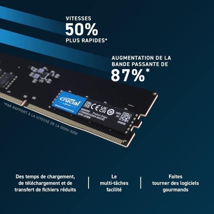 Mémoire RAM - CRUCIAL - Kit DDR5-4800 UDIMM - 16 Go : 2x8 Go (CT2K8G48C40U5) CRUCIAL