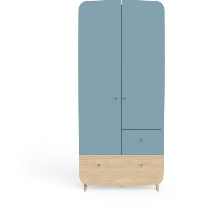 Ens. lit bébé 70 x 140 Kit évolutif, commode 2 tiroirs 3, niches et 1 plan a langer, 1 armoire - FIRMIANA - Bleu / bois - DEMEYERE DEMEYERE