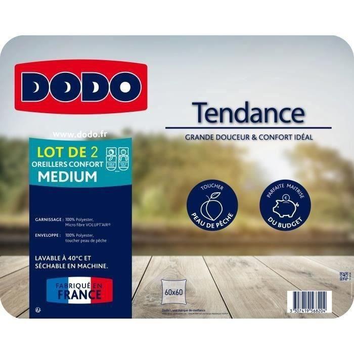DODO Lot de 2 oreillers Tendance - 60 x 60 cm - Garnissage 100% Polyester fibre creuse siliconée - Blanc DODO