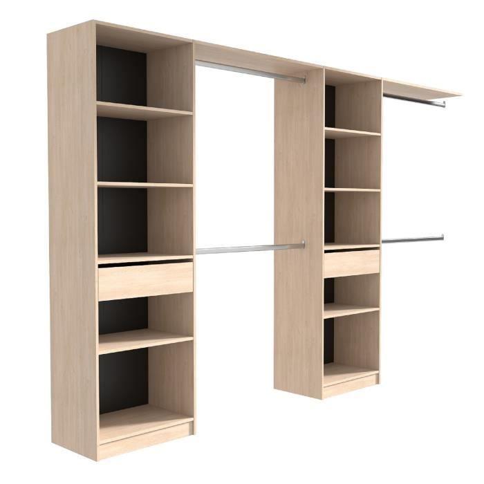 EKIPA Dressing extensible - 2 colonnes avec 2 tiroirs et 10 étageres + 4 penderies - Décor chene - L 320 x P 40 x H 200 cm - DUO EKIPA