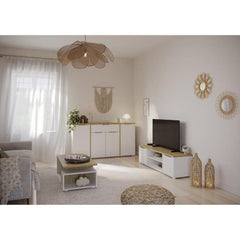 Ensemble Salon ACCESS : Table basse + Banc TV + Enfilade 4 portes - Decor chene Hamilton et blanc DEMEYERE