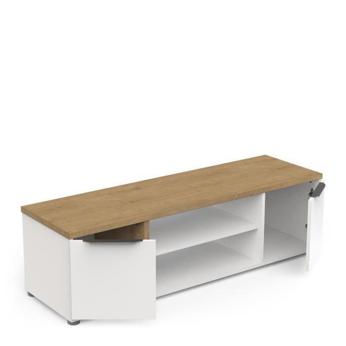 Ensemble Salon ACCESS : Table basse + Banc TV + Enfilade 4 portes - Decor chene Hamilton et blanc DEMEYERE