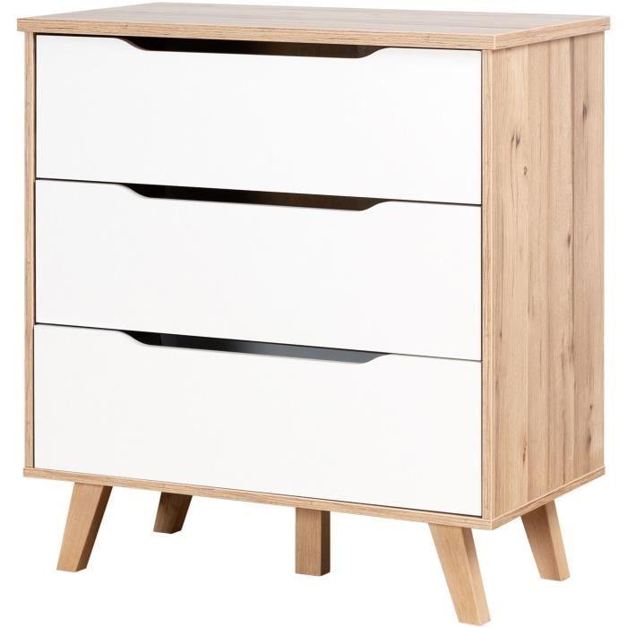 Commode 3 tiroirs - Décor chene et blanc mat - Pieds en massif - Scandinave L 80 cm - VANKKA AUCUNE