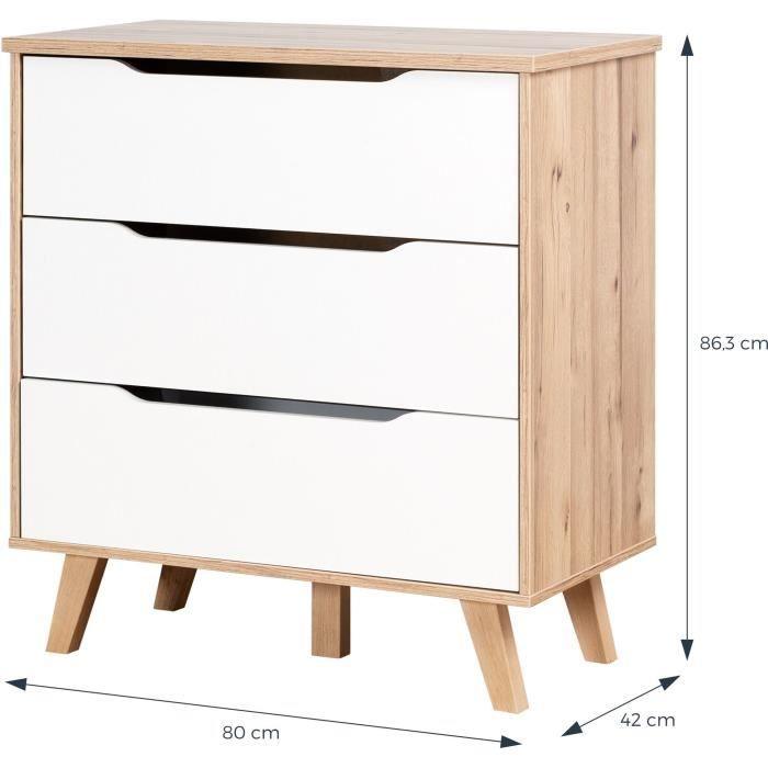 Commode 3 tiroirs - Décor chene et blanc mat - Pieds en massif - Scandinave L 80 cm - VANKKA AUCUNE