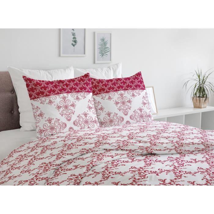 Parure de couette 240x260 cm HOME LINGE PASSION FRISE : Housse de couette + 2 taies d'oreiller - 100% Coton 57 Fils - Bordeaux HOME LINGE PASSION