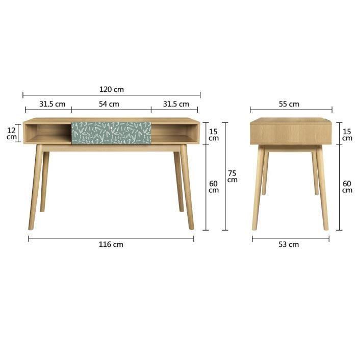 Bureau avec 1 tiroir GARDENIA- Décor chene et vert - Pieds en bois massif - L 120 x P 55 x H 75 cm AUCUNE