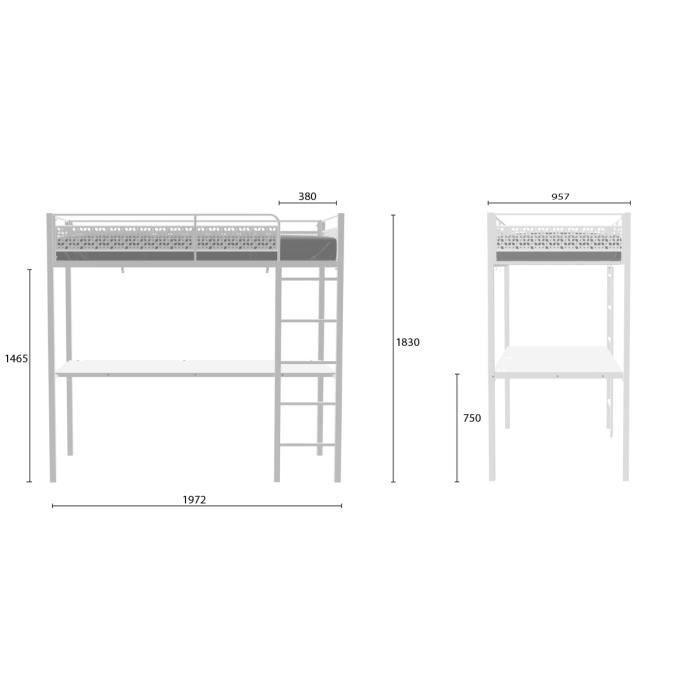 Lit mezzanine enfant avec bureau EDI - Blanc - 90 x 190 cm - Sommier inclus AUCUNE