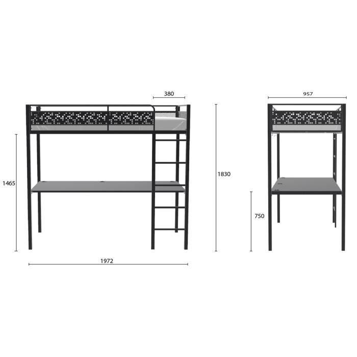 Lit mezzanine avec bureau EDI - 90 x 190 cm - Noir - Structure en métal époxy - Sommier inclus AUCUNE