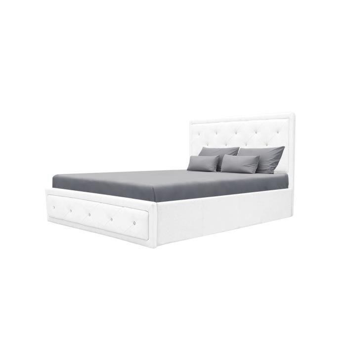 VIRGINIA Lit coffre adulte capitonné avec strass 160x200 cm - Simili blanc - Sommier inclus AUCUNE