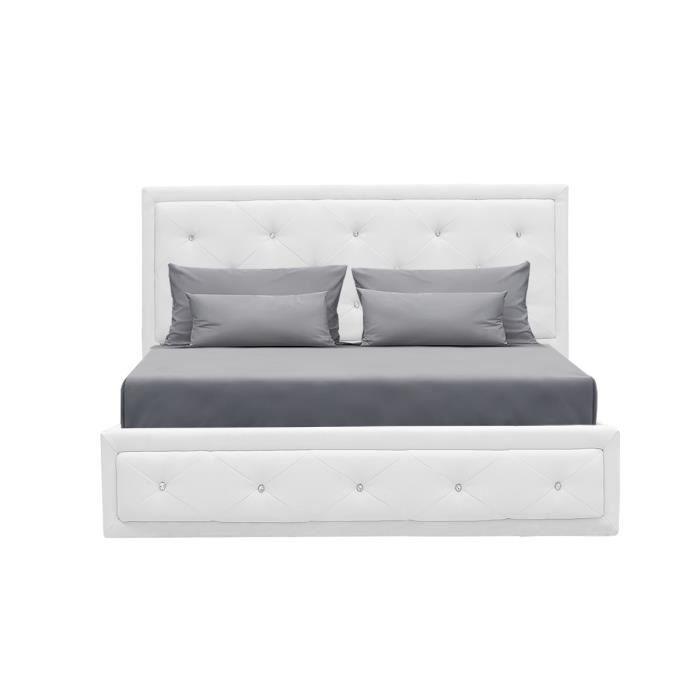 VIRGINIA Lit coffre adulte capitonné avec strass 160x200 cm - Simili blanc - Sommier inclus AUCUNE