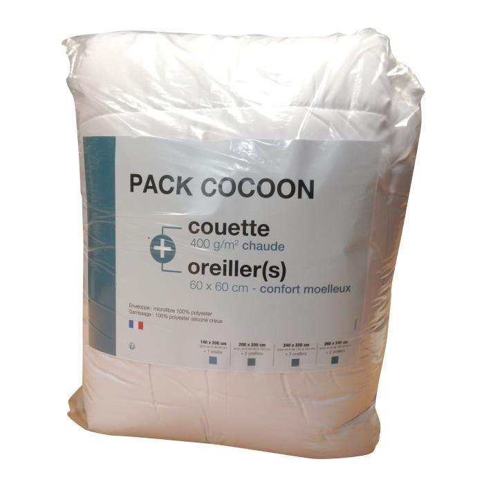 Pack linge de lit Microfibre - 1 Couette chaude 140x200 cm + 1 Oreiller 60x60 cm blanc COCOON
